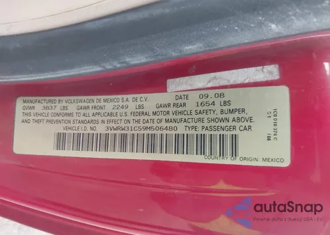 2009 Volkswagen New Beetle 2.5L from USA, damaged, VIN 3VWRW31C59M506480